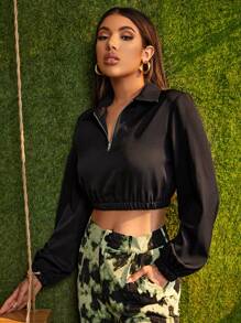 SHEIN Unity 鬆緊邊半拉鏈短款套頭衫 - 黑色 - 查看 5