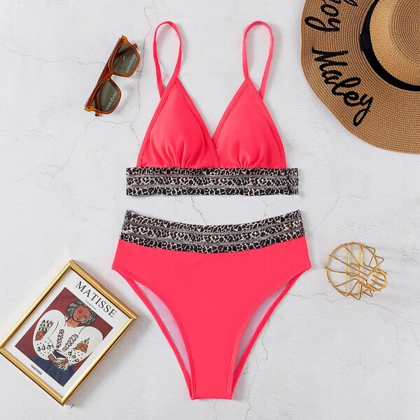 

Leopard Mesh Trim Triangle Bikini Swimsuit, Watermelon pink
