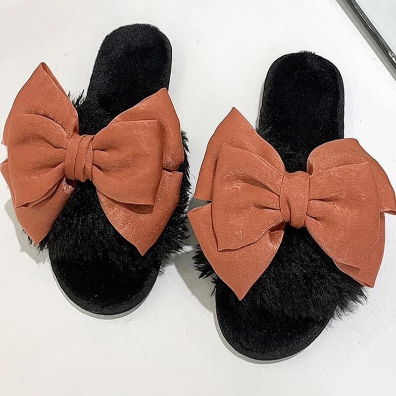 

Bow Decor Fluffy Home Slippers, Black