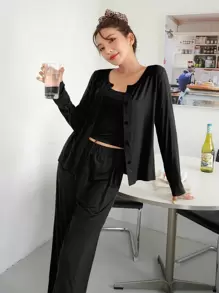 DAZY Conjunto de 3 piezas de ropa de estar, pijama de otoño - Negro - Ver 6