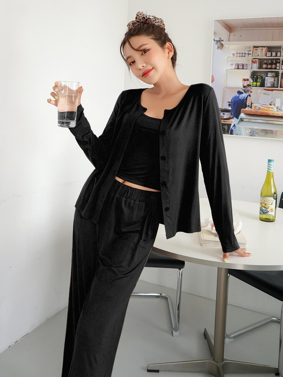 3pcs Solid Lounge Set, Fall Clothes Pajama
