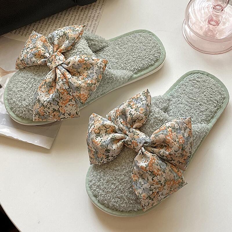 

Floral Graphic Bow Decor Home Slippers, Green