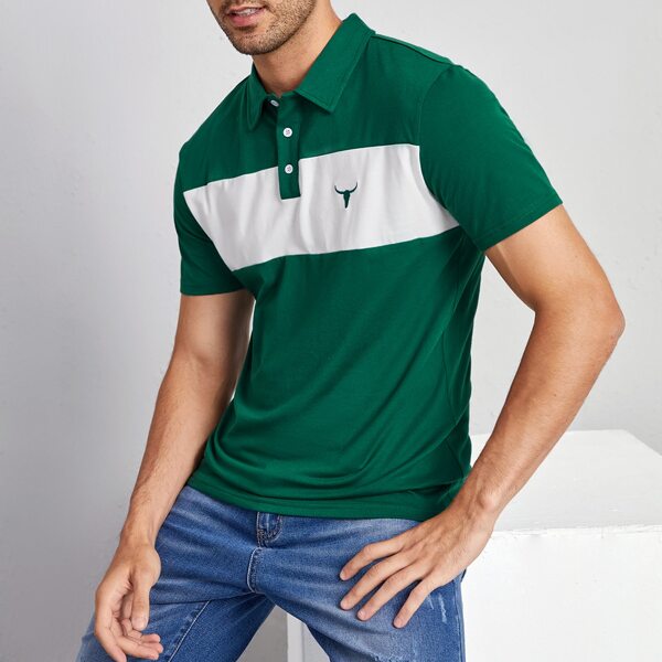 

Men Bull Embroidered Color Block Polo Shirt, Green