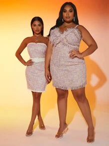 SHEIN Unity 大碼1入組毛邊緣粗花呢吊帶洋裝 - 彩色 - 查看 3