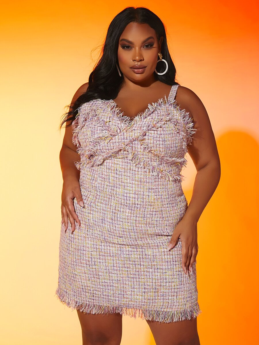 SHEIN Unity 大碼1入組毛邊緣粗花呢吊帶洋裝 - 彩色 - 查看 1