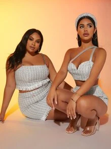 SHEIN 大碼1入組格紋圖案鏈條帶流蘇邊粗花呢吊帶上衣 - 銀色 - 查看 2