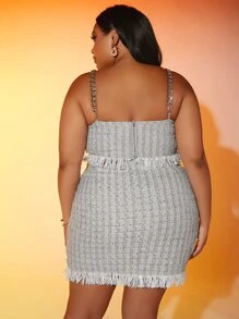 SHEIN 大碼1入組格紋圖案鏈條帶流蘇邊粗花呢吊帶上衣 - 銀色 - 查看 3