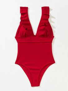 Plain Textured Ruffle Trim One Piece Swimsuit Summer - Rose Red - View 3