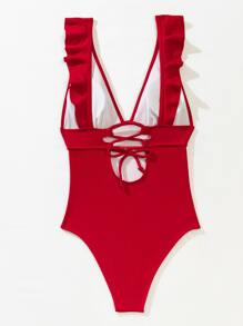 Plain Textured Ruffle Trim One Piece Swimsuit Summer - Rose Red - View 4