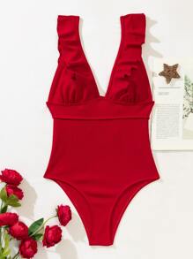 Plain Textured Ruffle Trim One Piece Swimsuit Summer - Rose Red - View 5