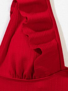 Plain Textured Ruffle Trim One Piece Swimsuit Summer - Rose Red - View 6
