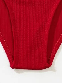 Plain Textured Ruffle Trim One Piece Swimsuit Summer - Rose Red - View 7