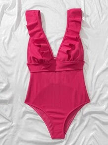 Plain Textured Ruffle Trim One Piece Swimsuit Summer - Hot Pink - View 3