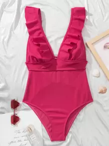 Plain Textured Ruffle Trim One Piece Swimsuit Summer - Hot Pink - View 4