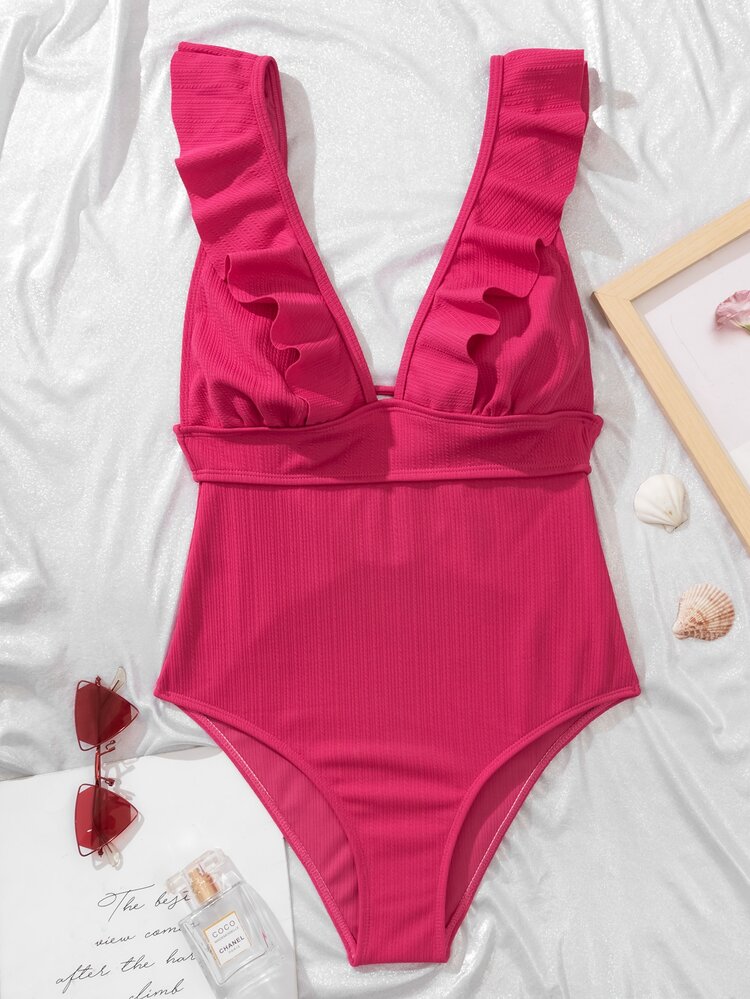 Plain Textured Ruffle Trim One Piece Swimsuit Summer - Hot Pink - View 4