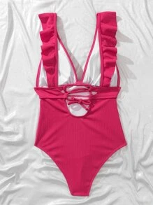 Plain Textured Ruffle Trim One Piece Swimsuit Summer - Hot Pink - View 5
