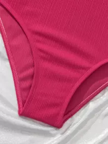 Plain Textured Ruffle Trim One Piece Swimsuit Summer - Hot Pink - View 6