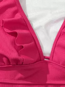 Plain Textured Ruffle Trim One Piece Swimsuit Summer - Hot Pink - View 7