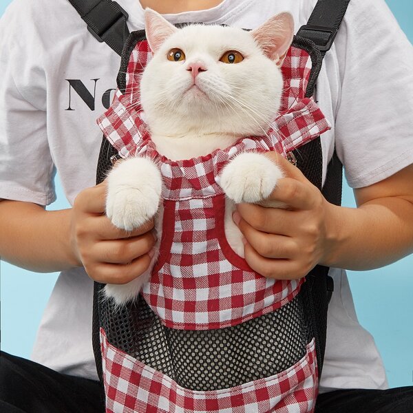 

1pc Gingham Pattern Pet Carrier Backpack, Red and white