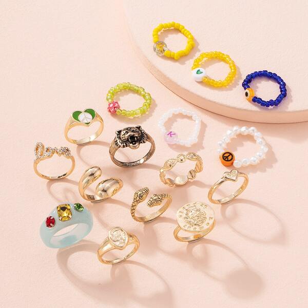 

16pcs Bead Decor Ring, Multicolor