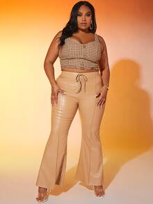 SHEIN SXY 大碼繫帶接縫喇叭PU皮革長褲 - 卡其色 - 查看 3