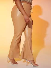 SHEIN SXY 大碼繫帶接縫喇叭PU皮革長褲 - 卡其色 - 查看 5