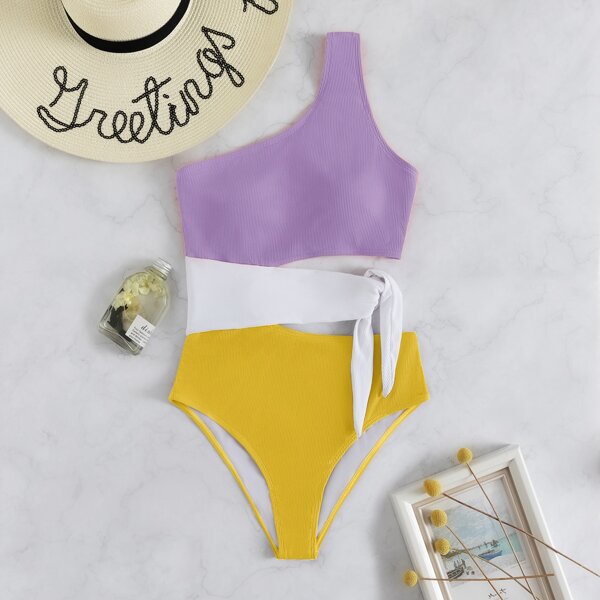 

Colorblock Ribbed Cut-out One Piece Swimsuit, Multicolor