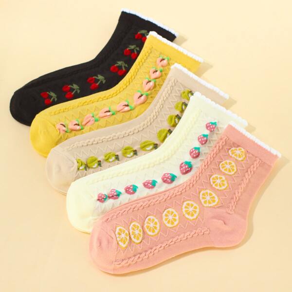 

5pairs Fruit Print Crew Socks, Multicolor