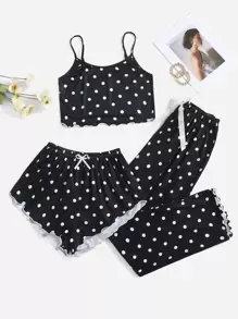 3入組波點圖案木耳邊睡衣套裝 - 黑色 - 查看 1