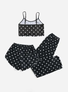 3入組波點圖案木耳邊睡衣套裝 - 黑色 - 查看 2