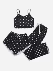 3入組波點圖案木耳邊睡衣套裝 - 黑色 - 查看 5