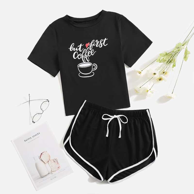 

Cup & Letter Graphic PJ Set, Black