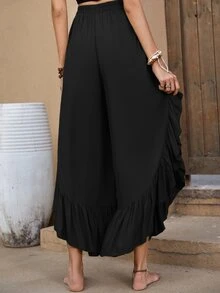 Rusttydustty Elastic Waist Ruffle Hem Wide Leg Pants - Black - View 2