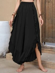 Rusttydustty Elastic Waist Ruffle Hem Wide Leg Pants - Black - View 5