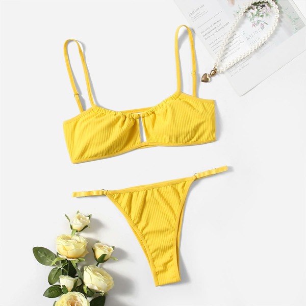 

Cut Out Rib Lingerie Set, Yellow