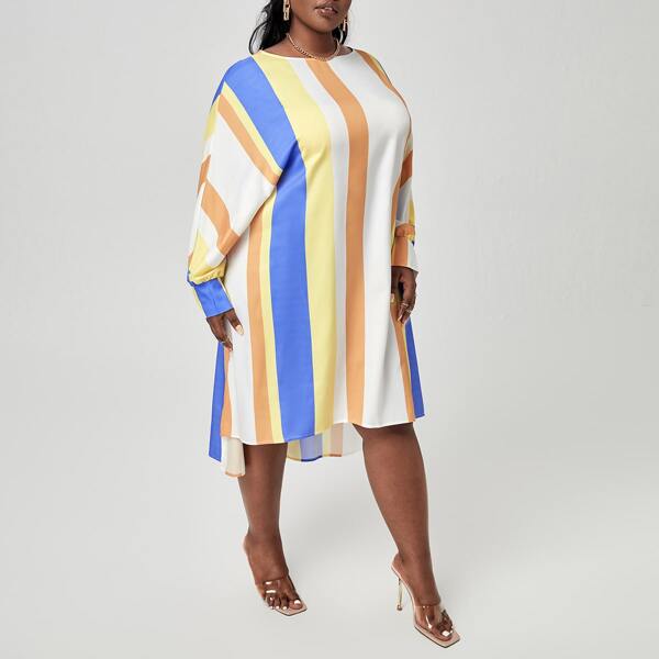 

Plus Block Striped High Low Hem Tunic Dress, Multicolor