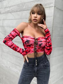 MEYSI KIM 迷彩一字肩扣眼繫帶短款上衣 - 彩色 - 查看 1