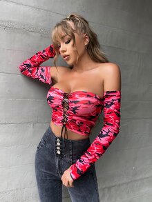 MEYSI KIM 迷彩一字肩扣眼繫帶短款上衣 - 彩色 - 查看 3