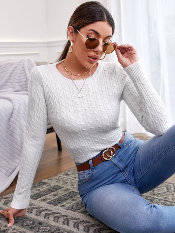EURMUSE Solid Cable Knit Sweater