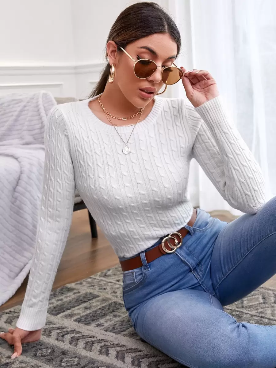 EURMUSE Solid Cable Knit Jumper - White - View 1