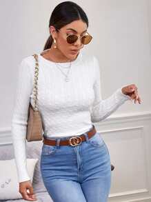 EURMUSE Solid Cable Knit Jumper - White - View 3