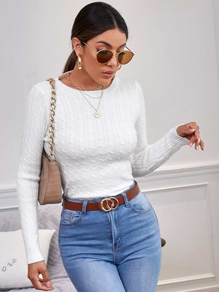 EURMUSE 素色麻花編織套頭毛衣 - 白色 - 查看 3