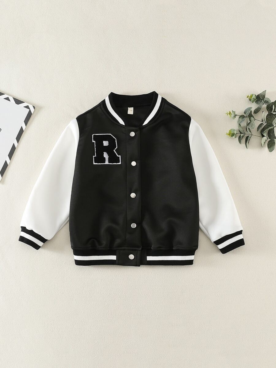 Girls Letter Patched Colorblock Contrast Trim Varsity Jacket