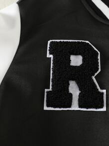Girls Letter Patched Colorblock Contrast Trim Varsity Jacket