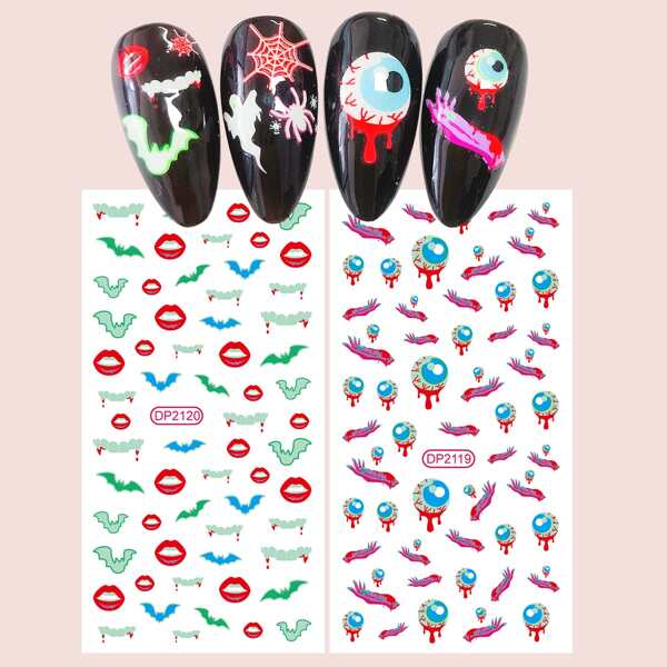

2sheets Halloween Pattern Luminous Nail Art Sticker, Multicolor