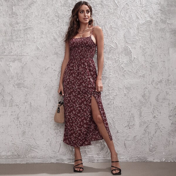 

Split Thigh Ditsy Floral Cami Dress, Burgundy