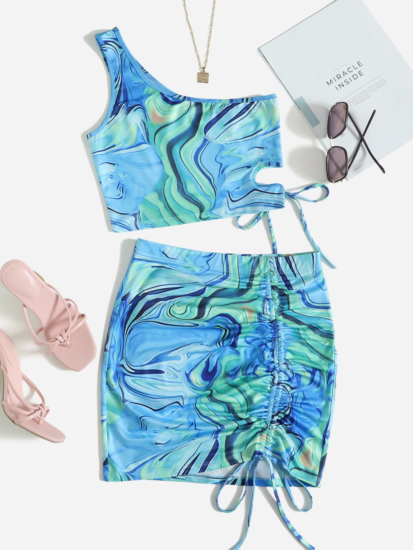 SHEIN ICON One Shoulder Marbled Print Top & Drawstring Side Skirt Set - Blue - View 1