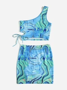 SHEIN ICON One Shoulder Marbled Print Top & Drawstring Side Skirt Set - Blue - View 2