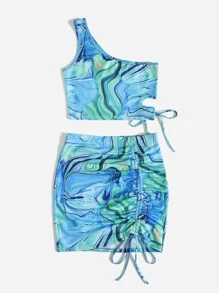 SHEIN ICON One Shoulder Marbled Print Top & Drawstring Side Skirt Set - Blue - View 3