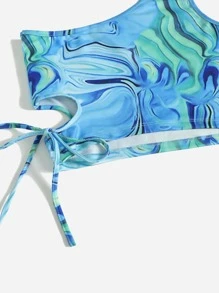 SHEIN ICON One Shoulder Marbled Print Top & Drawstring Side Skirt Set - Blue - View 4